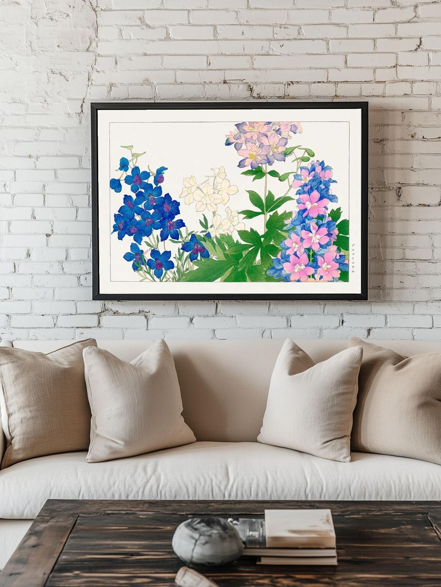 Delphinium flower, Japanese woodblock art. — room view 1