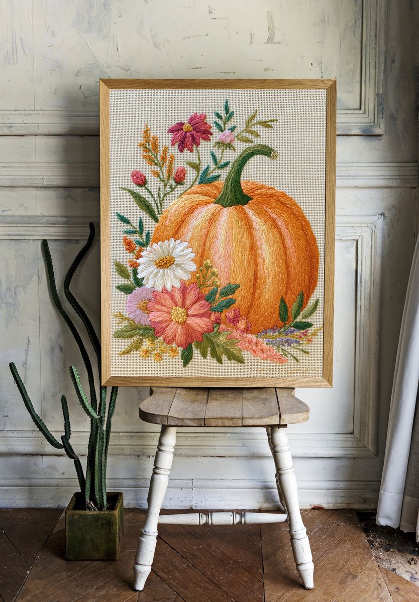 Embroidered Pumpkin Floral Print. — room view 1