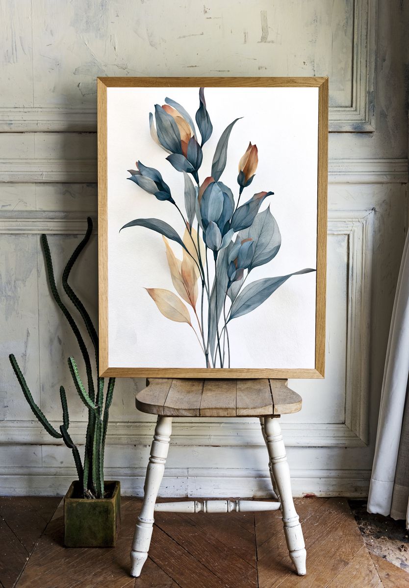 Blue Botanical Leaves Print. room preview