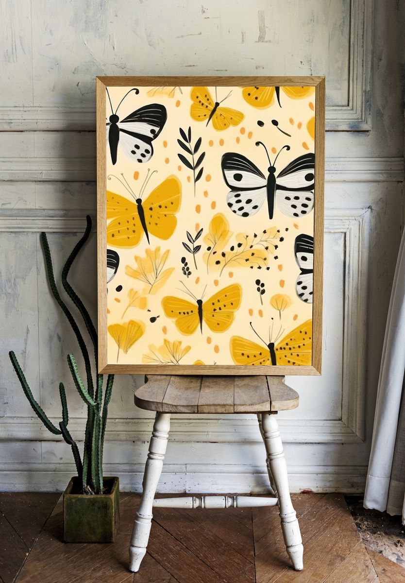 Yellow Butterfly Pattern Illustration Poster. — room view 1