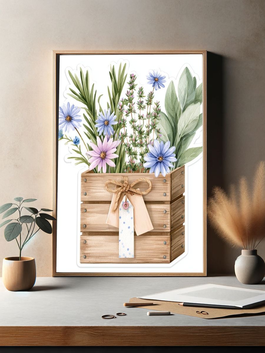 Wildflower Crate Watercolor Poster. — room view 2