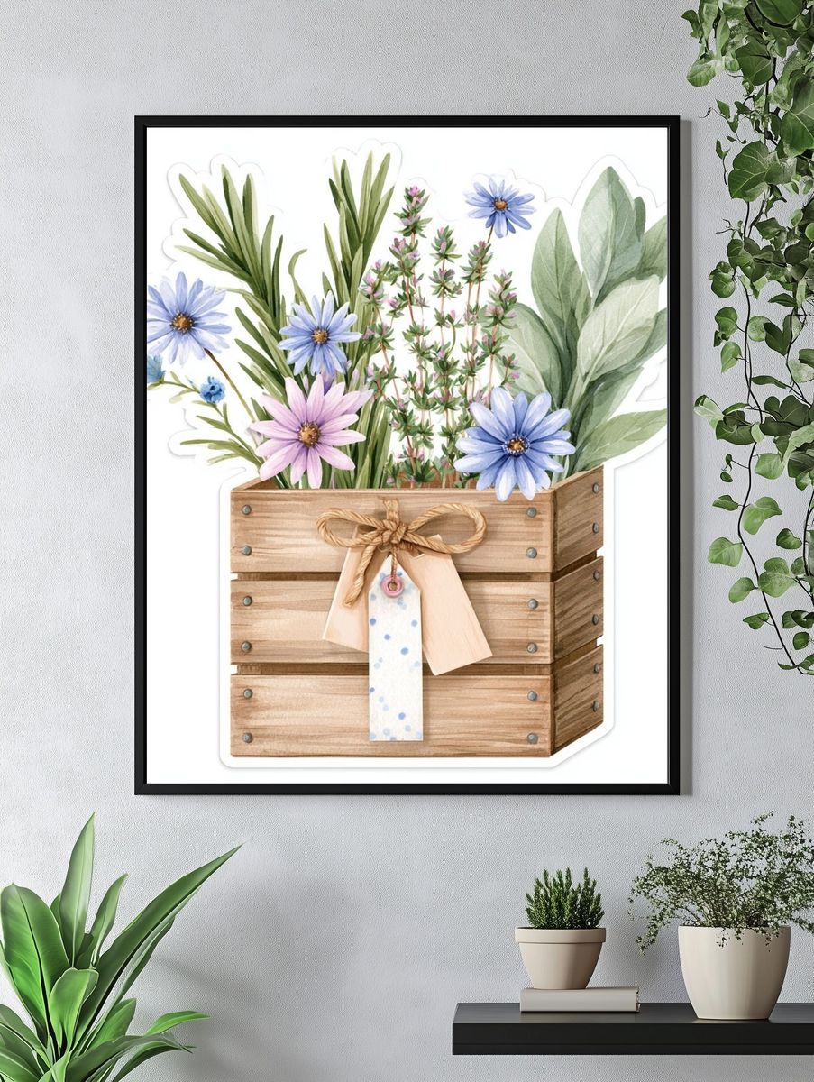 Wildflower Crate Watercolor Poster. — room view 4
