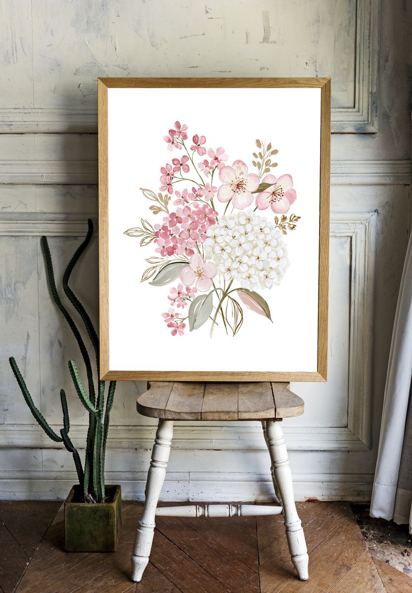 Pink Blossom Bouquet Watercolor Poster. room preview