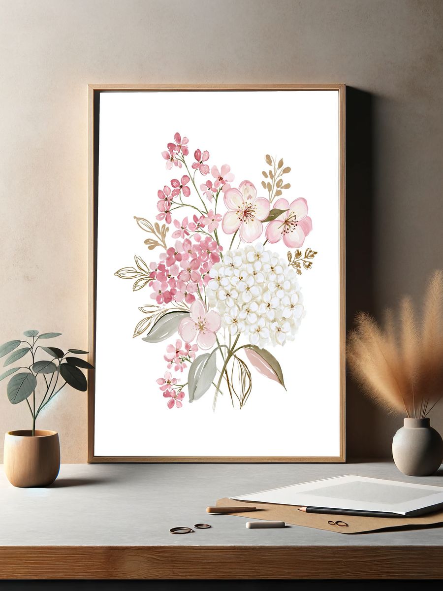 Pink Blossom Bouquet Watercolor Poster. — room view 2