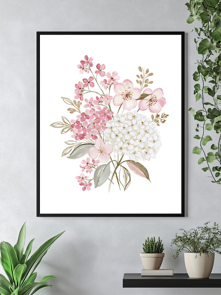 Pink Blossom Bouquet Watercolor Poster. — room view 4