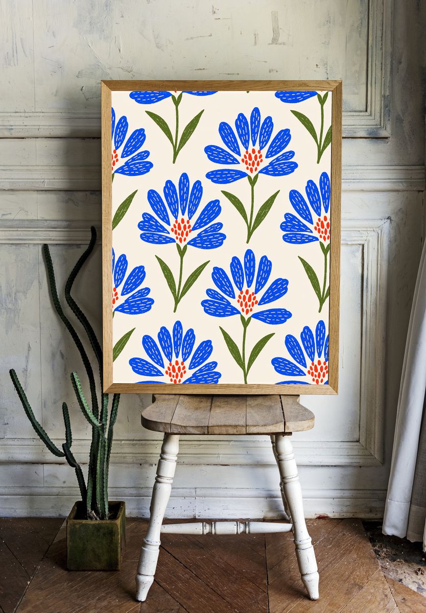 Blue Floral Pattern Print. — room view 1