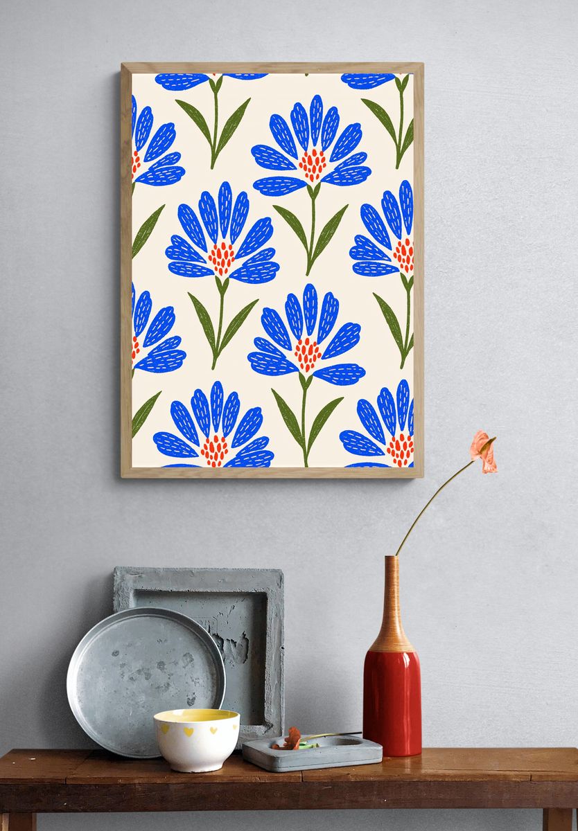 Blue Floral Pattern Print. — room view 3