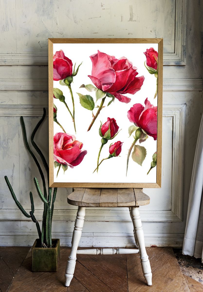 Pink Rose Bouquet Watercolor Print. — room view 1