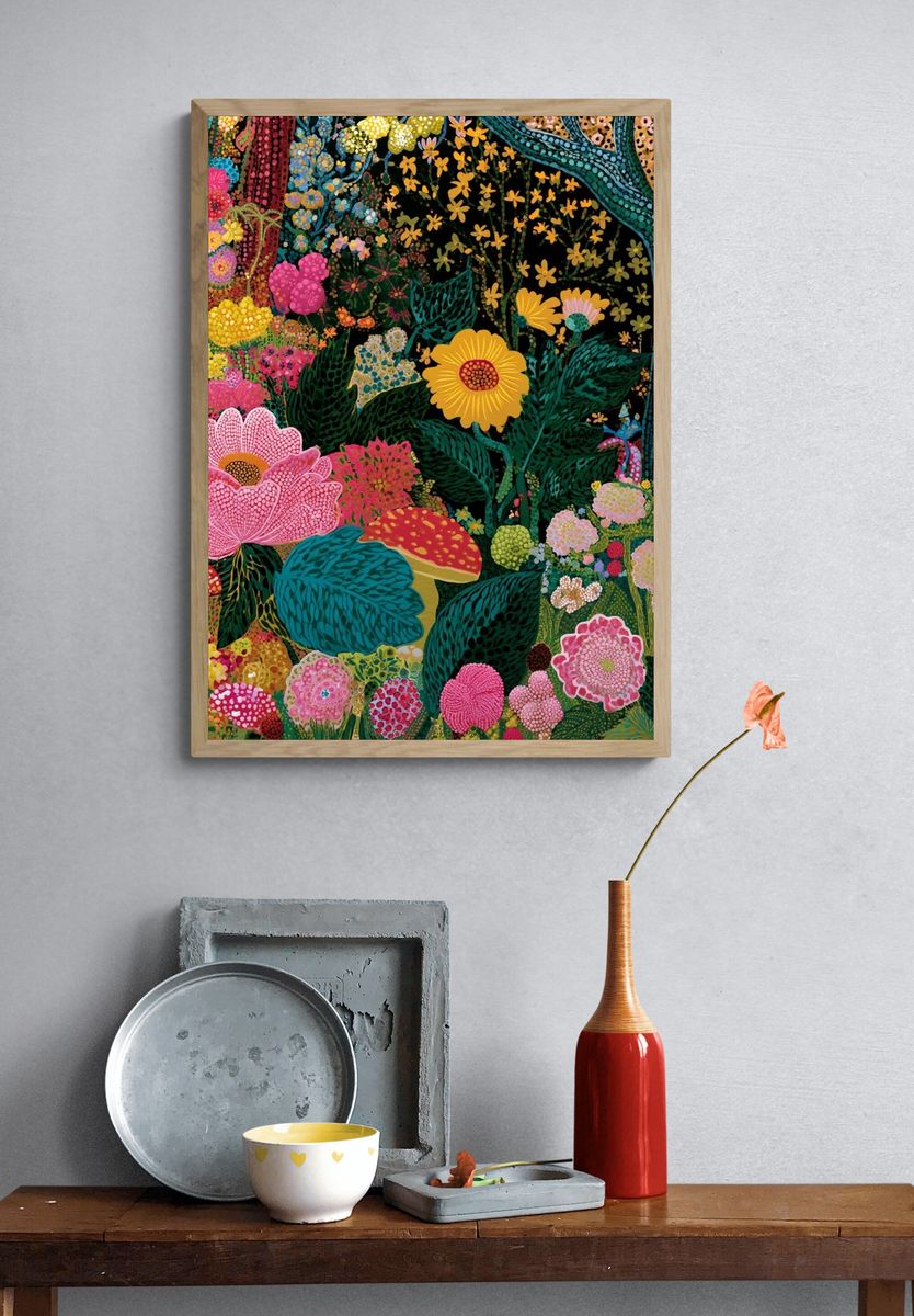 Tropical Floral Garden Illustration Poster. — room view 3