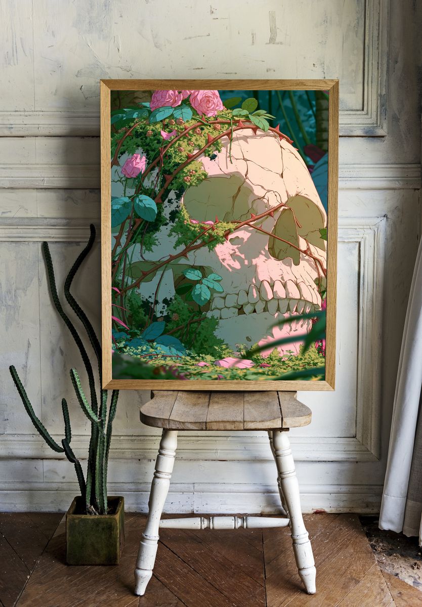 Rose-Covered Skull Illustration Poster. — room view 1