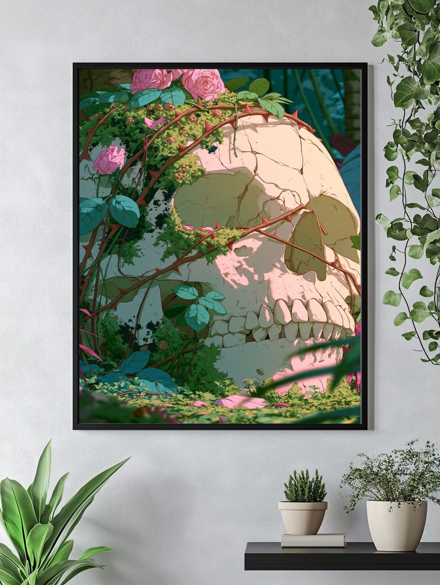 Rose-Covered Skull Illustration Poster. — room view 4