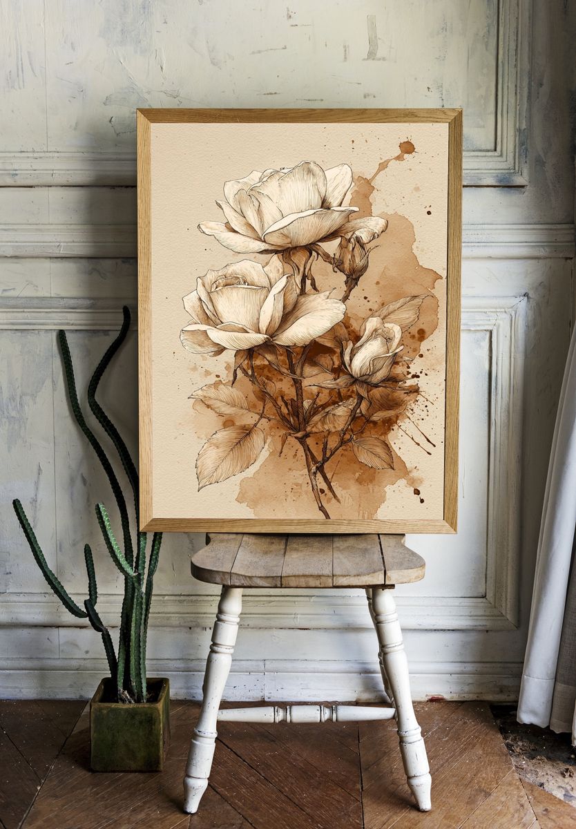 Sepia Roses Botanical Print. room preview