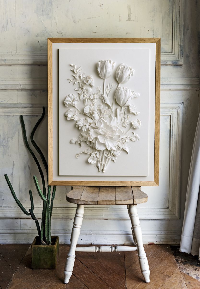 White Floral Relief Botanical Poster. — room view 1
