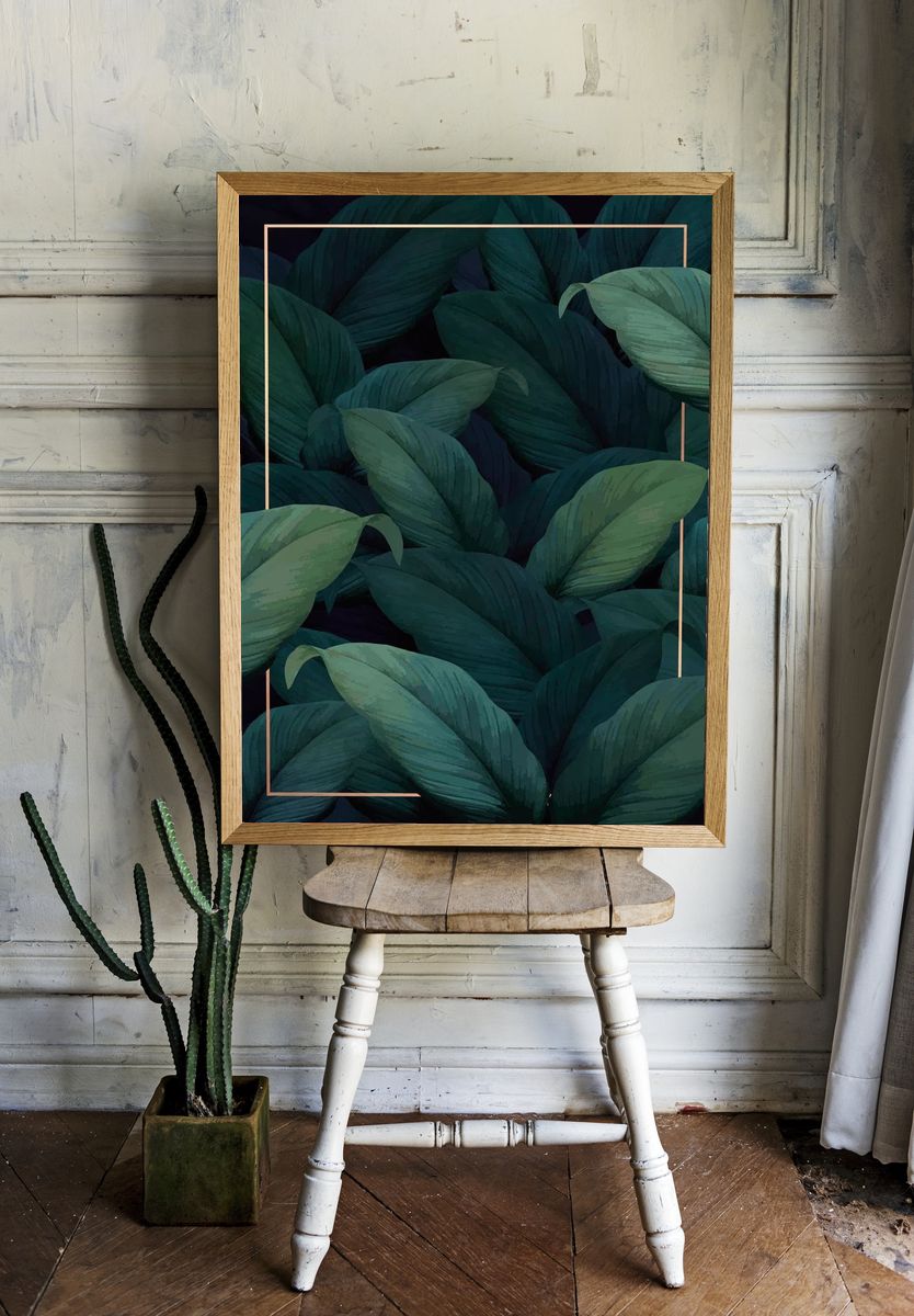 Green tropical leaves patterned poster. room preview