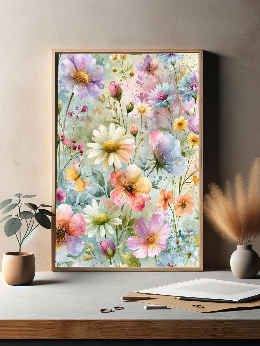 Pastel Wildflower Garden Illustration Poster. — room view 2