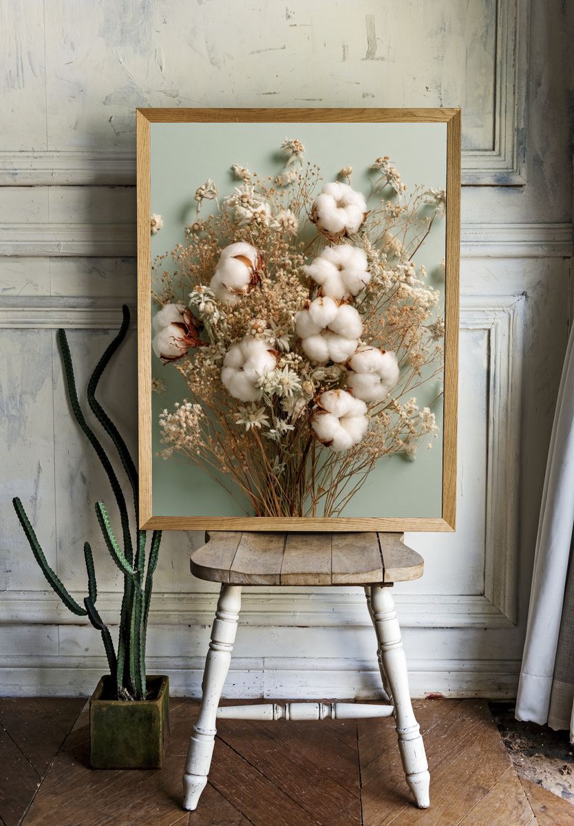 Cotton Bouquet Botanical Print. room preview