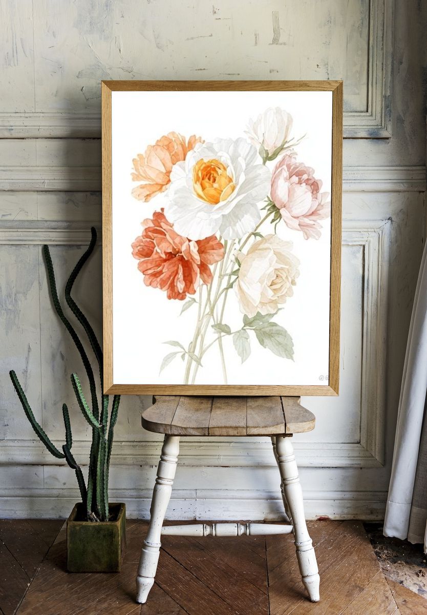 Soft Peony Bouquet Watercolor Print. — room view 1