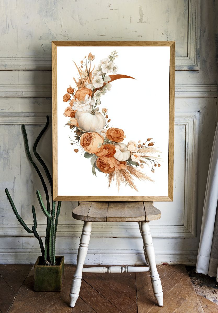 Autumn Floral Pumpkin Watercolor Poster. — room view 1