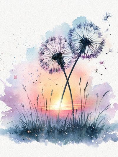 Dandelion Sunset Watercolor Print.