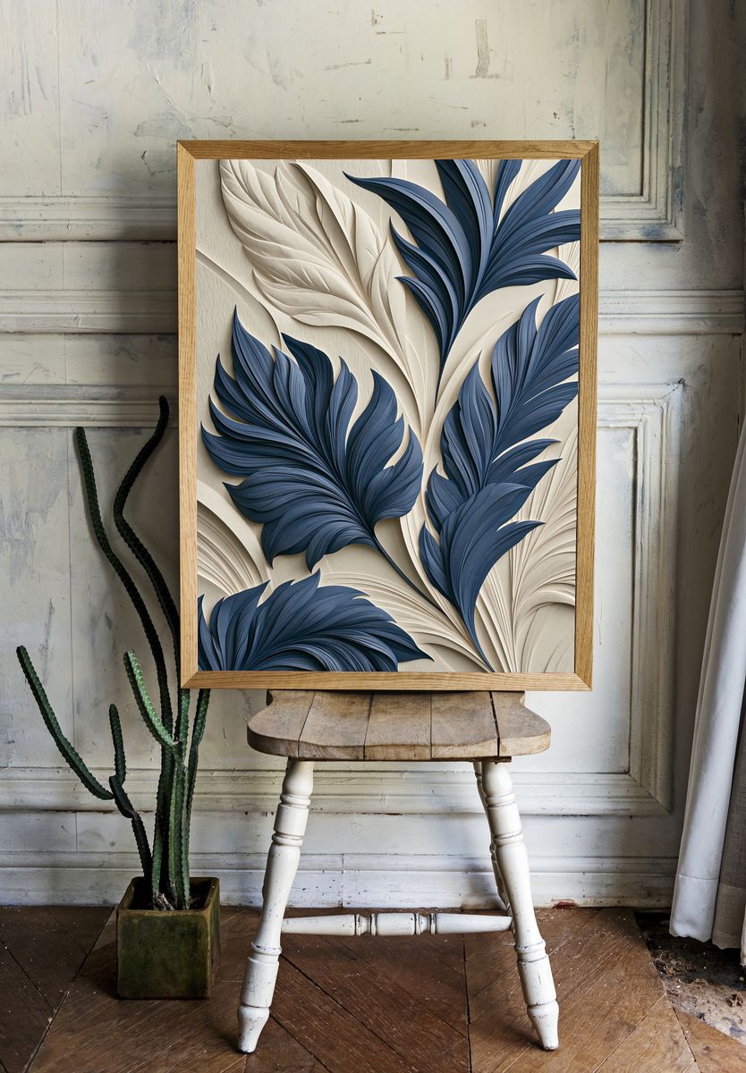 Blue Botanical Relief Poster. — room view 1