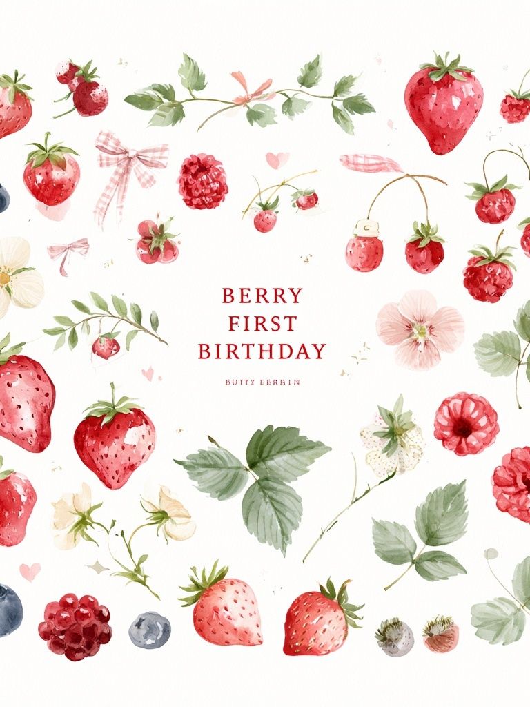 Berry First Birthday Watercolor Print. poster — botanical art