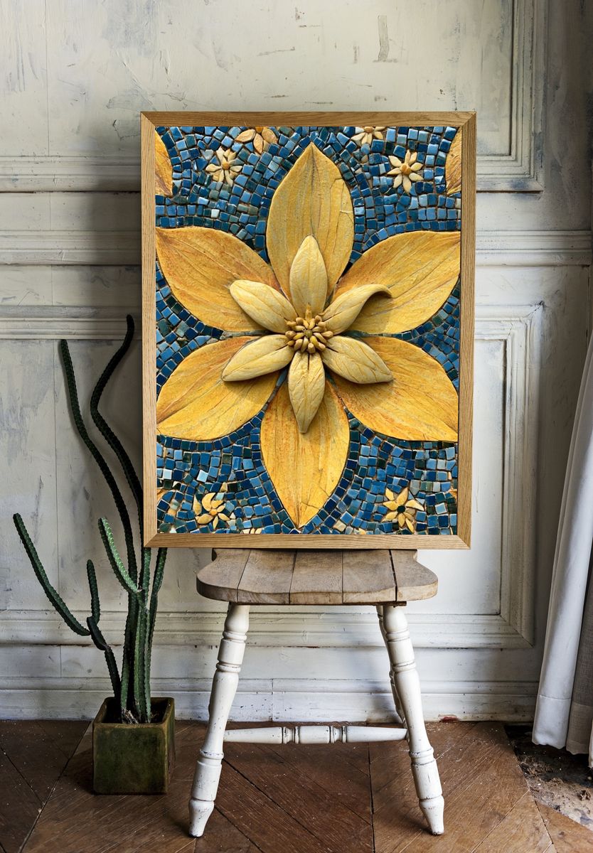 Golden Floral Mosaic Print. room preview