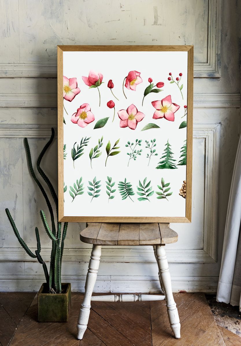 Watercolor set winter flowers leaves. room preview