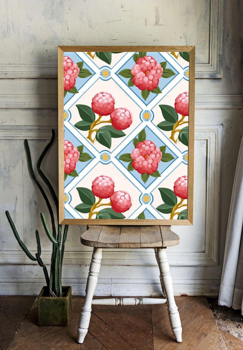 Pink Floral Tile Pattern Poster. — room view 1