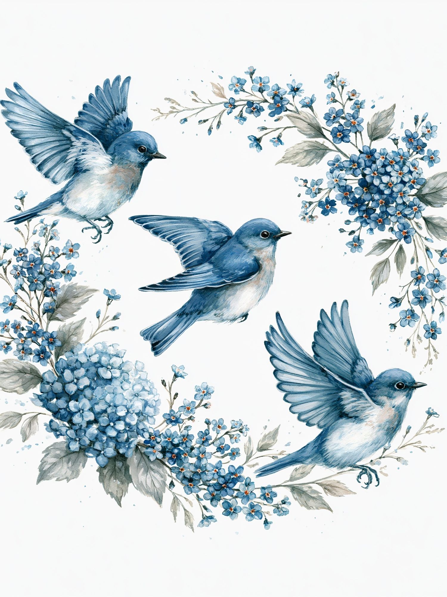 Bluebirds and Blossoms Watercolor Print. poster — botanical art