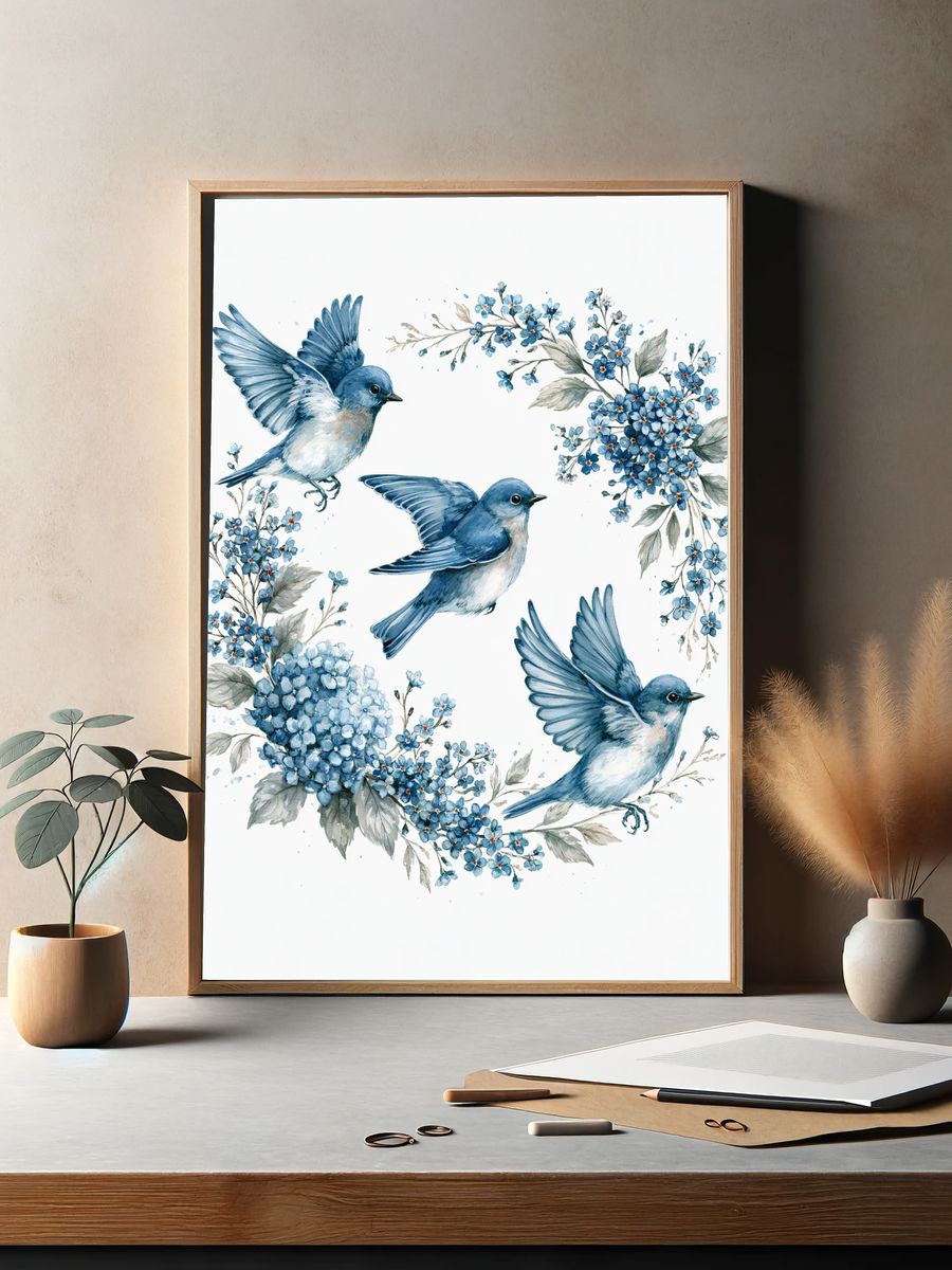 Bluebirds and Blossoms Watercolor Print. — room view 2