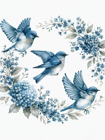 Bluebirds and Blossoms Watercolor Print. poster