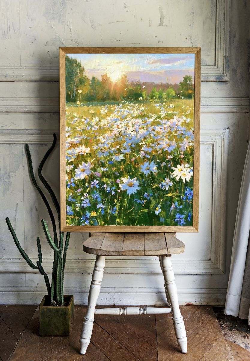 Wildflower Meadow Sunrise Print. room preview