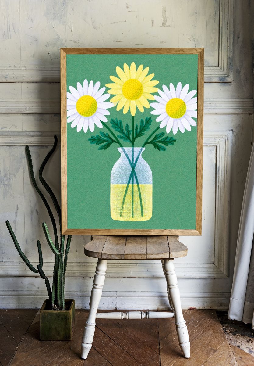 Daisy Bouquet in Vase Botanical Print. room preview