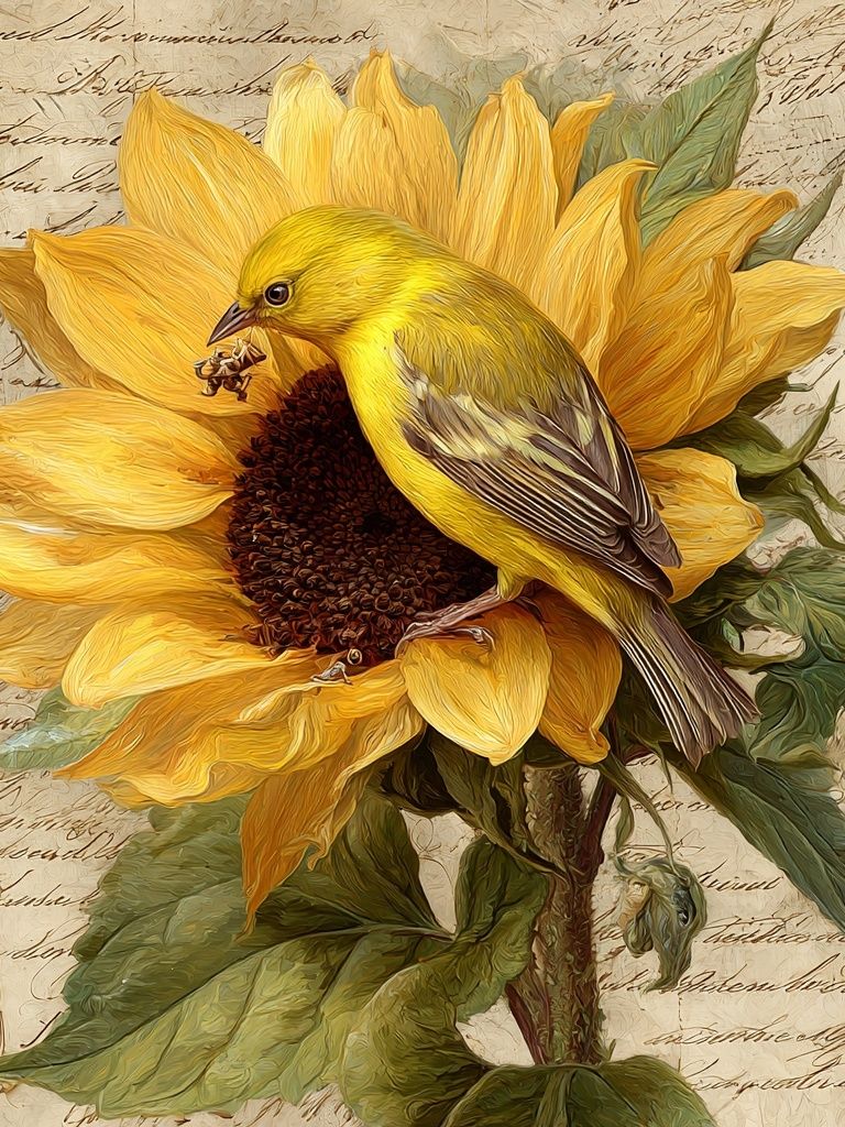 Sunflower Bird Botanical Print. poster detail