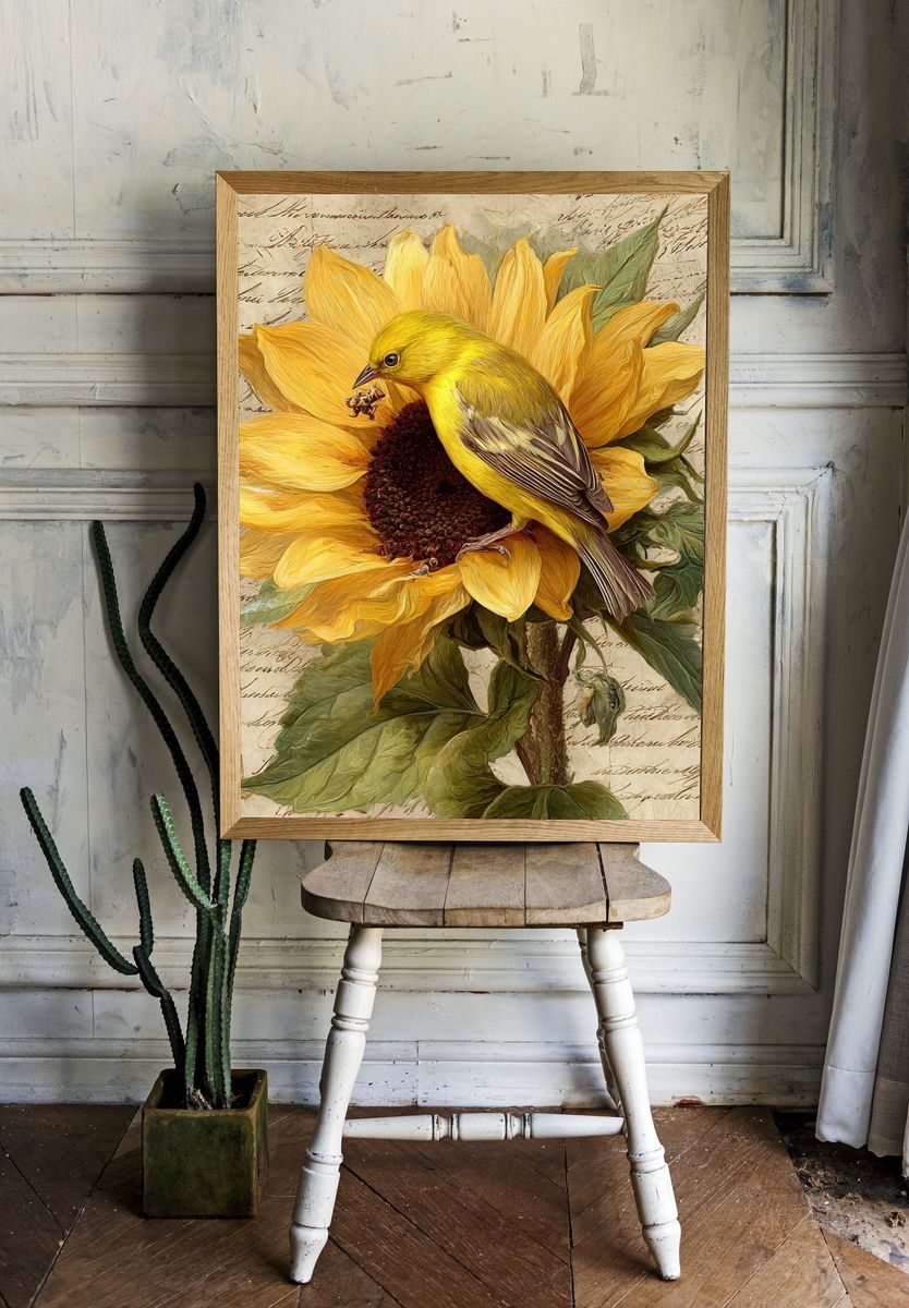 Sunflower Bird Botanical Print room preview