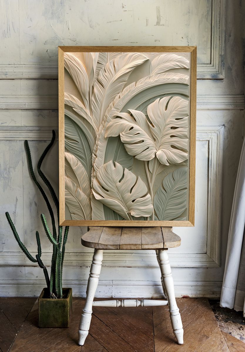 Tropical Leaf Relief Botanical Print. room preview