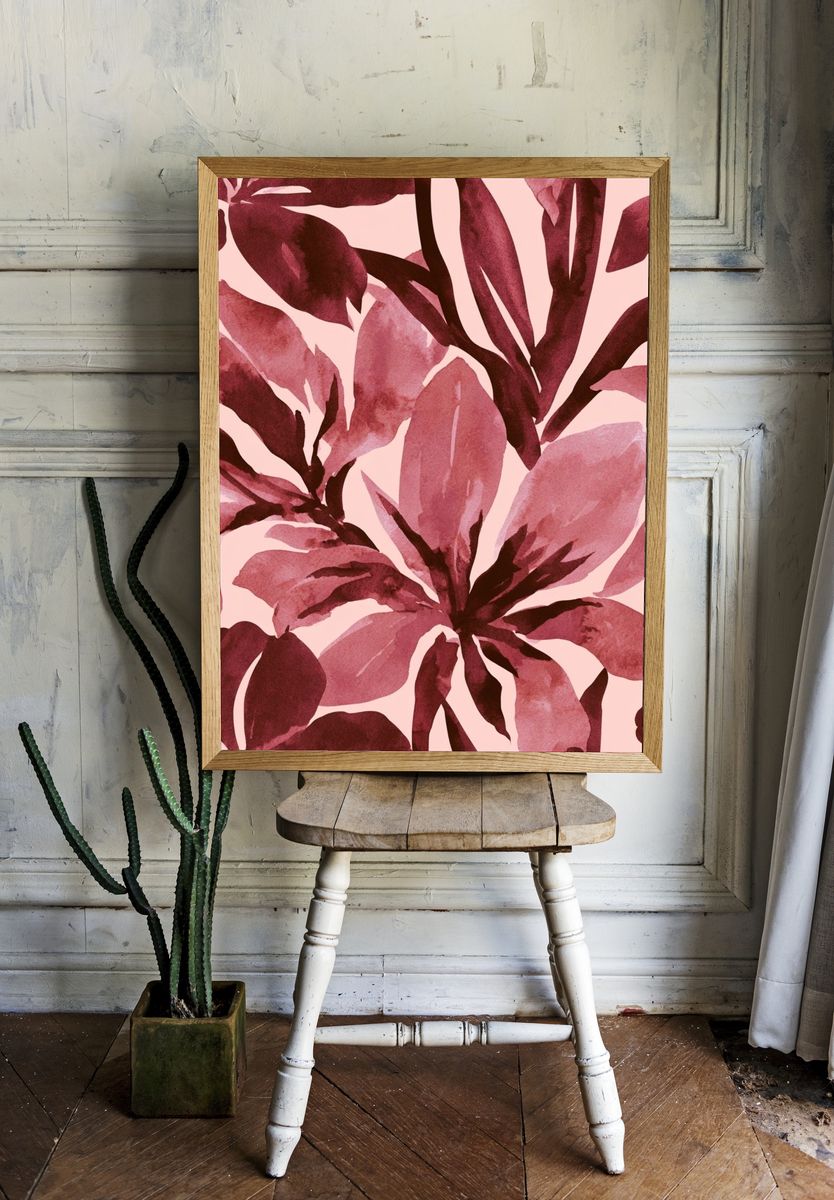 Pink Tropical Leaves Botanical Print. — room view 1