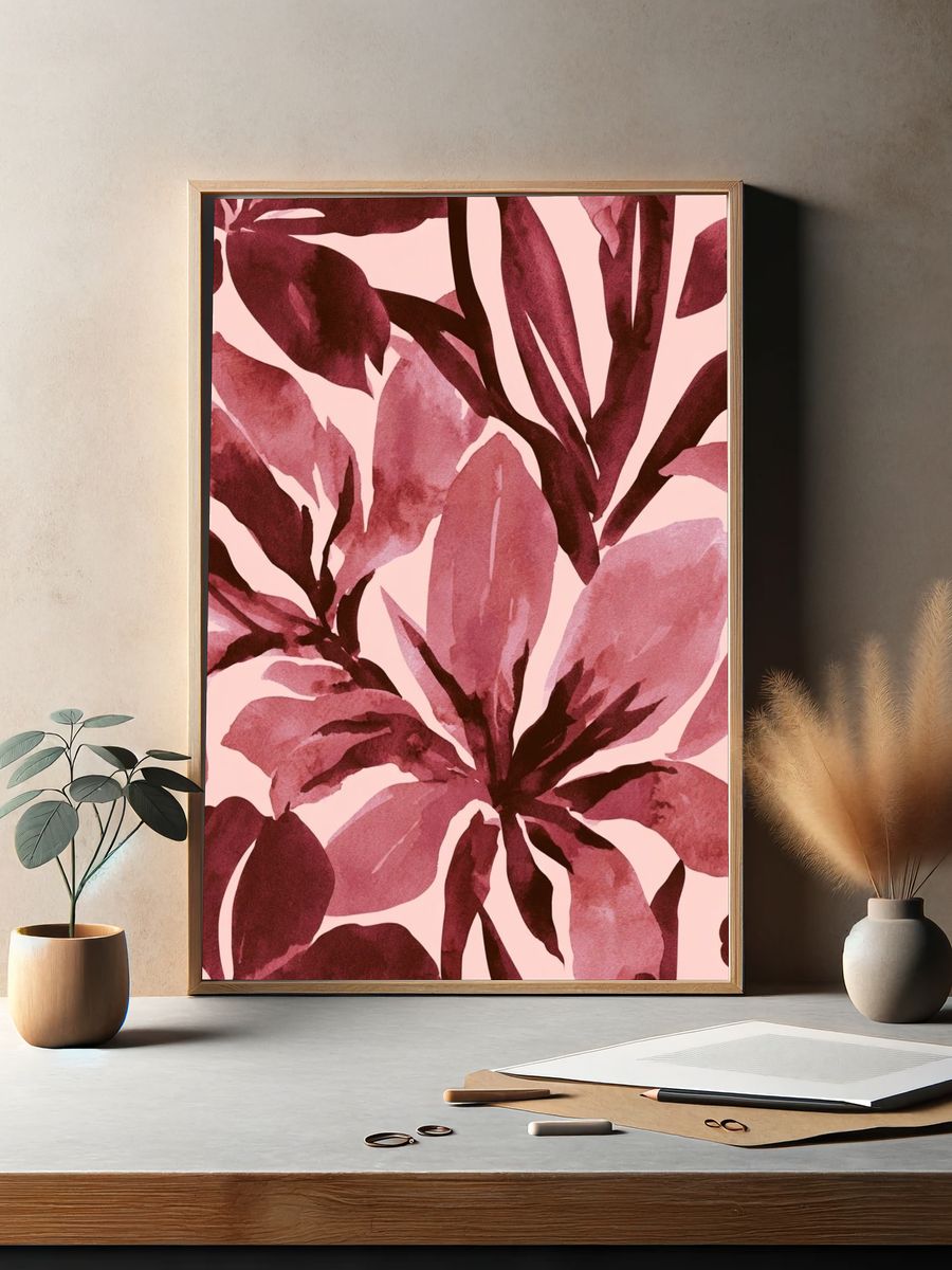 Pink Tropical Leaves Botanical Print. — room view 2