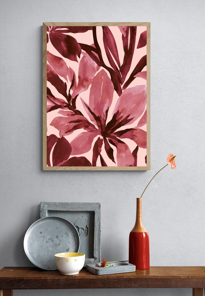 Pink Tropical Leaves Botanical Print. — room view 3