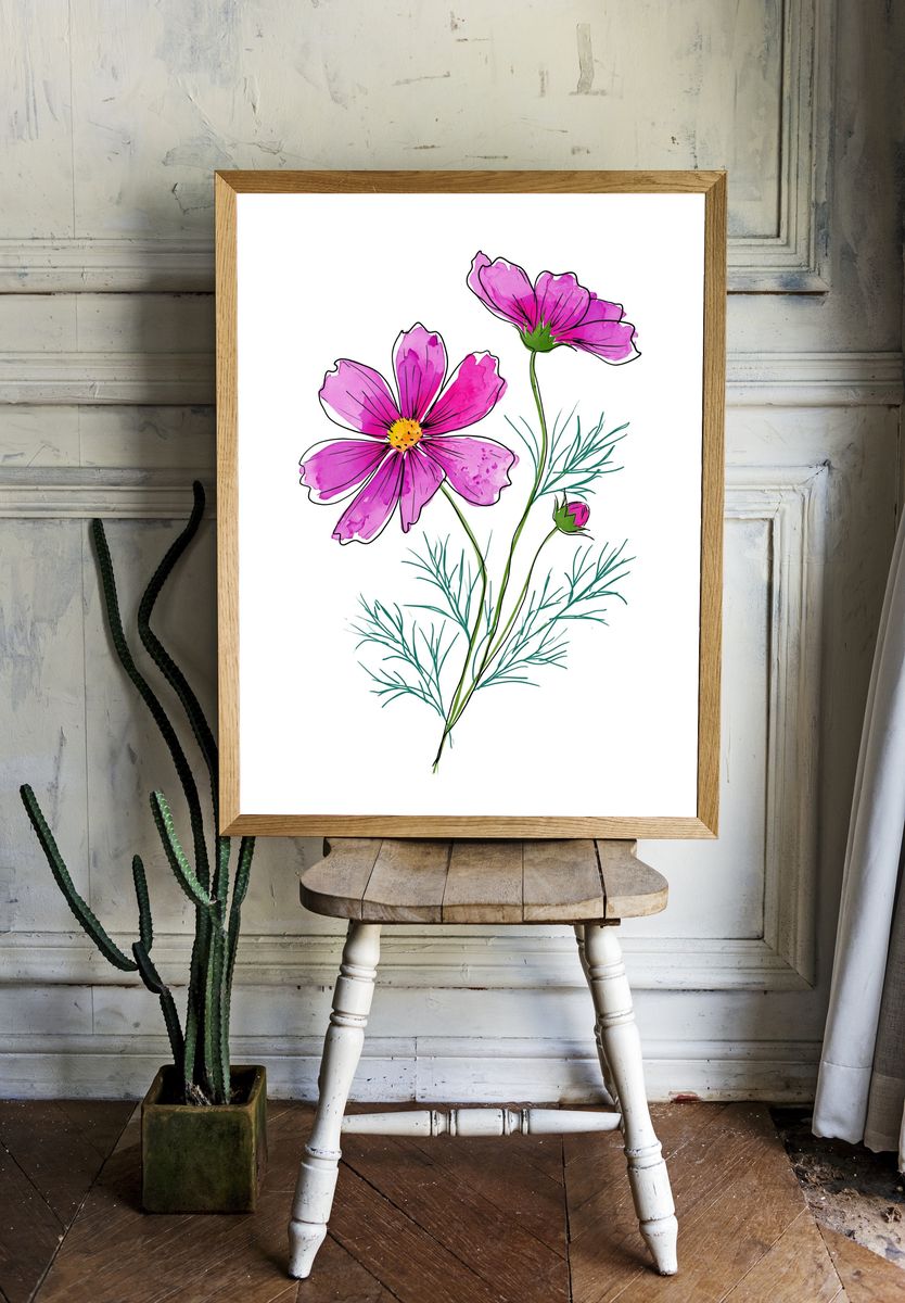 Pink Cosmos Botanical Print. — room view 1