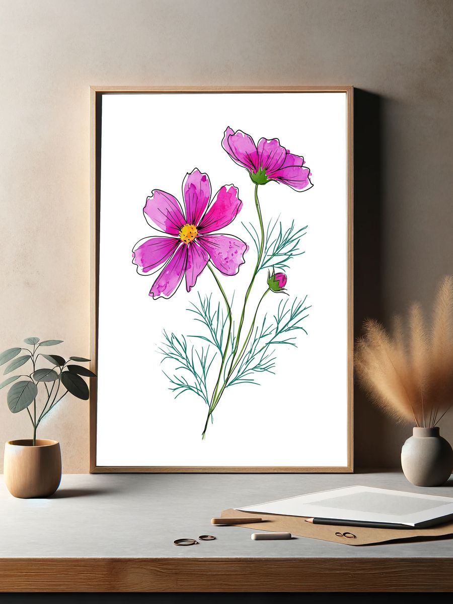Pink Cosmos Botanical Print. — room view 2
