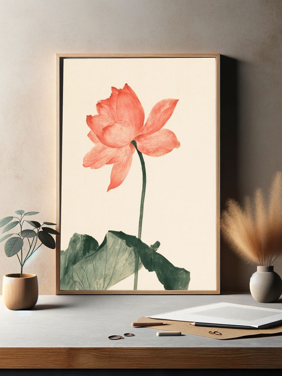 Coral Lotus Botanical Print. — room view 2