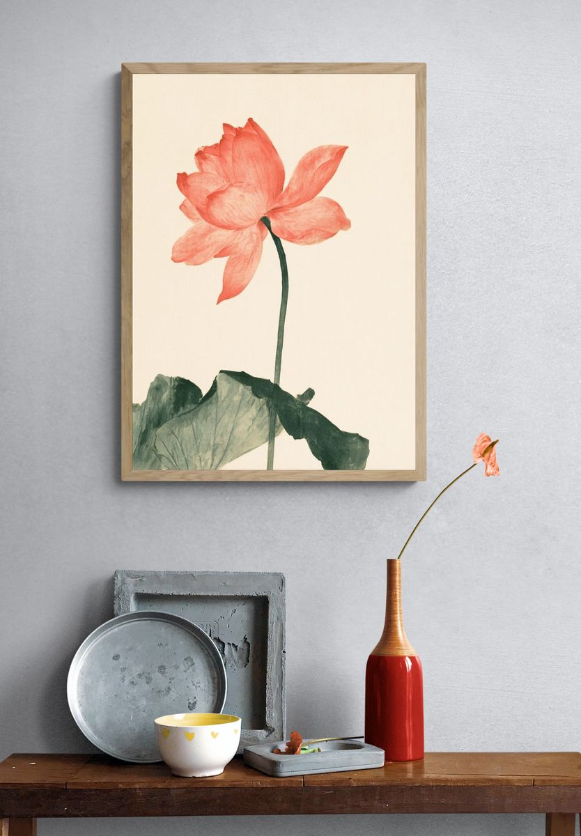 Coral Lotus Botanical Print. — room view 3