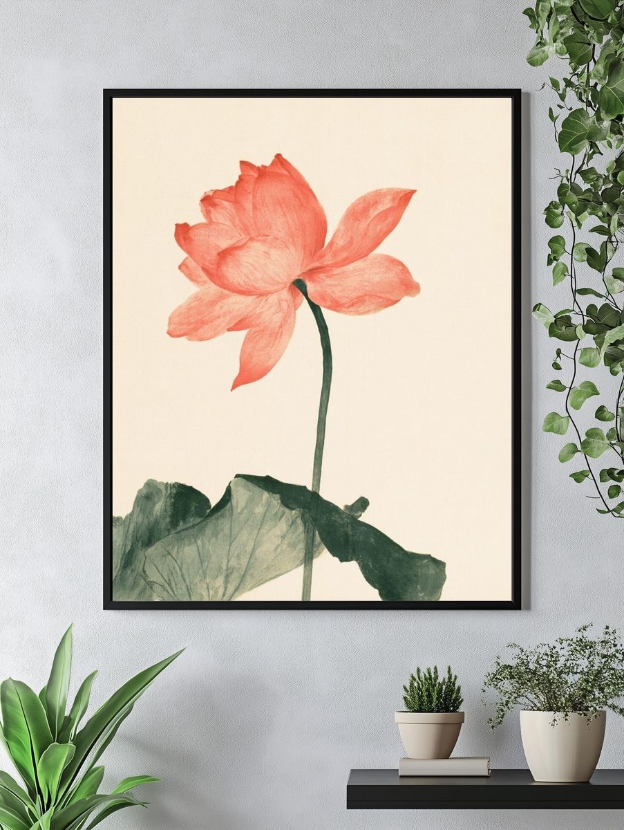 Coral Lotus Botanical Print. — room view 4