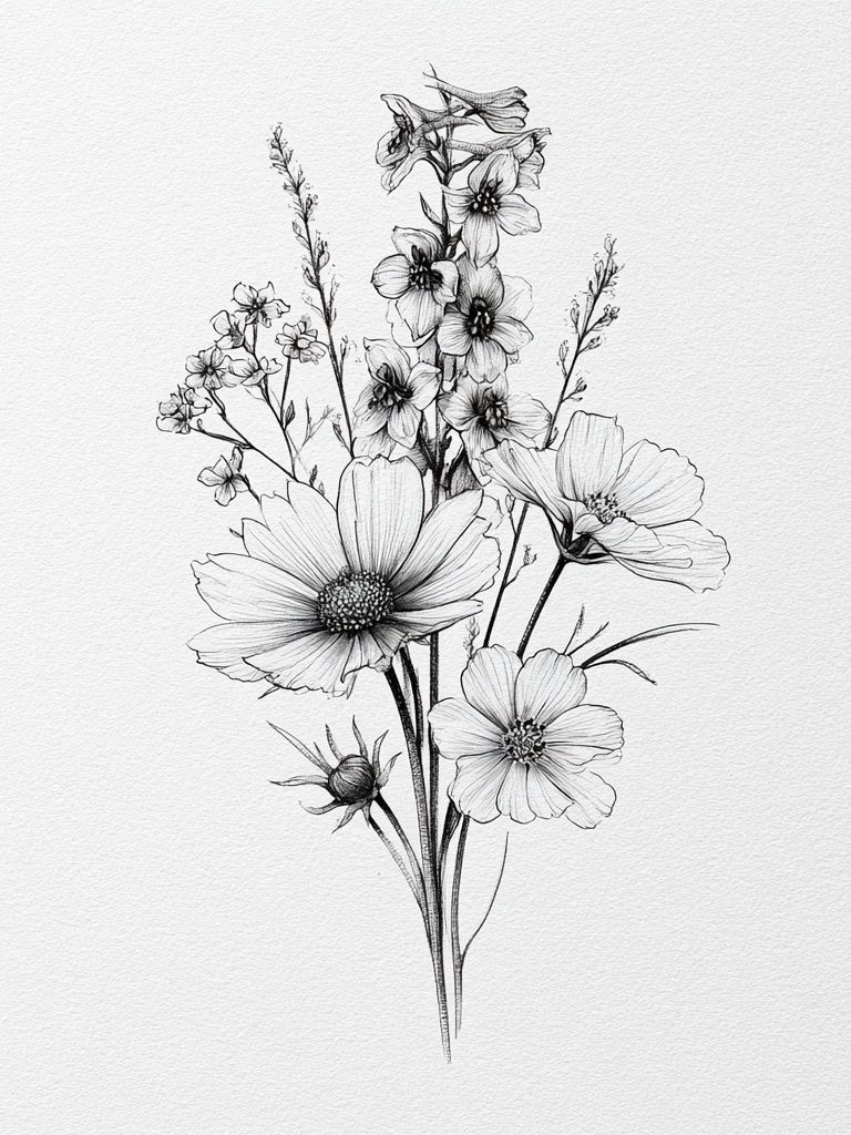 Wildflower Bouquet Line Art Poster. poster detail