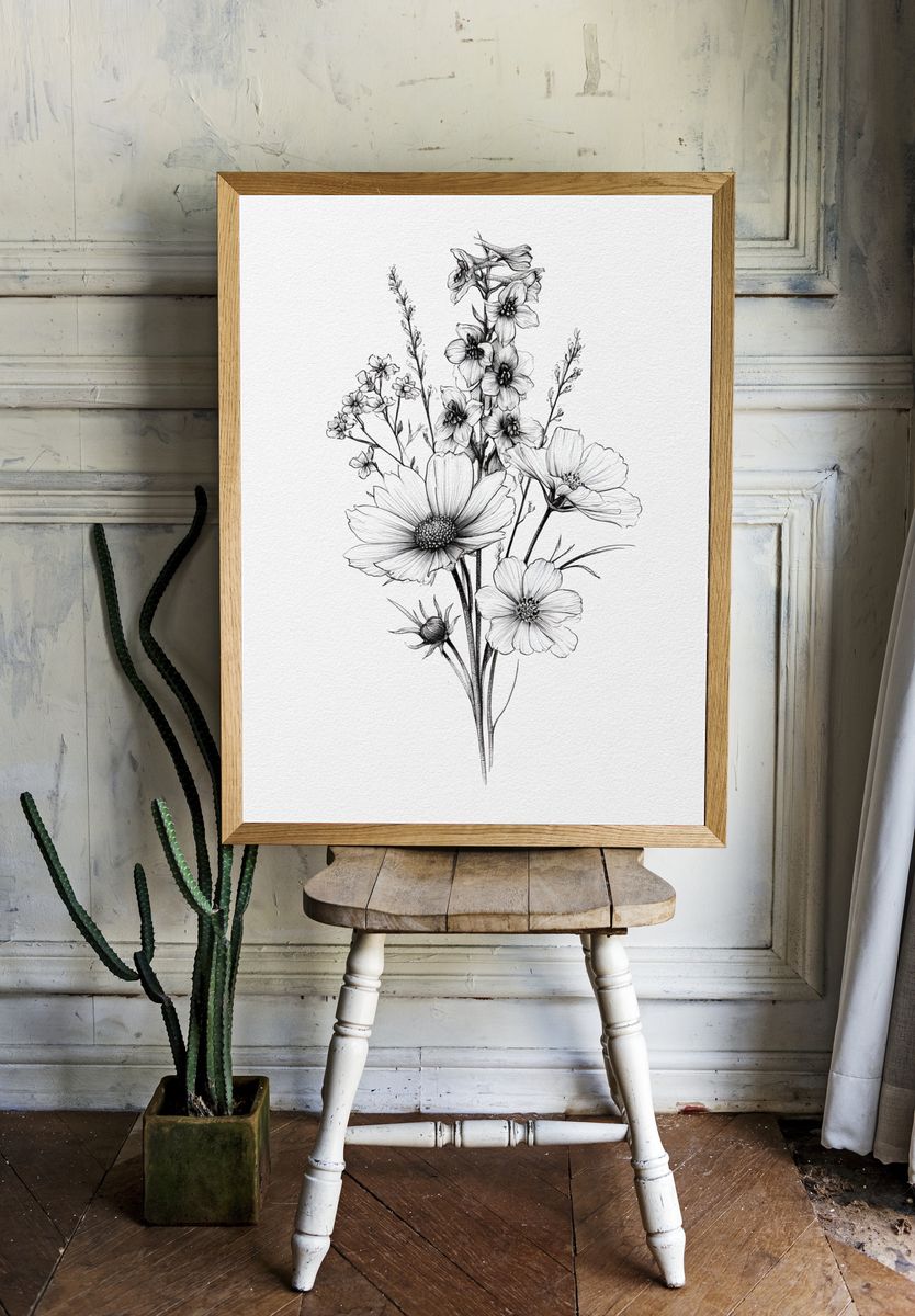 Wildflower Bouquet Line Art Poster. — room view 1