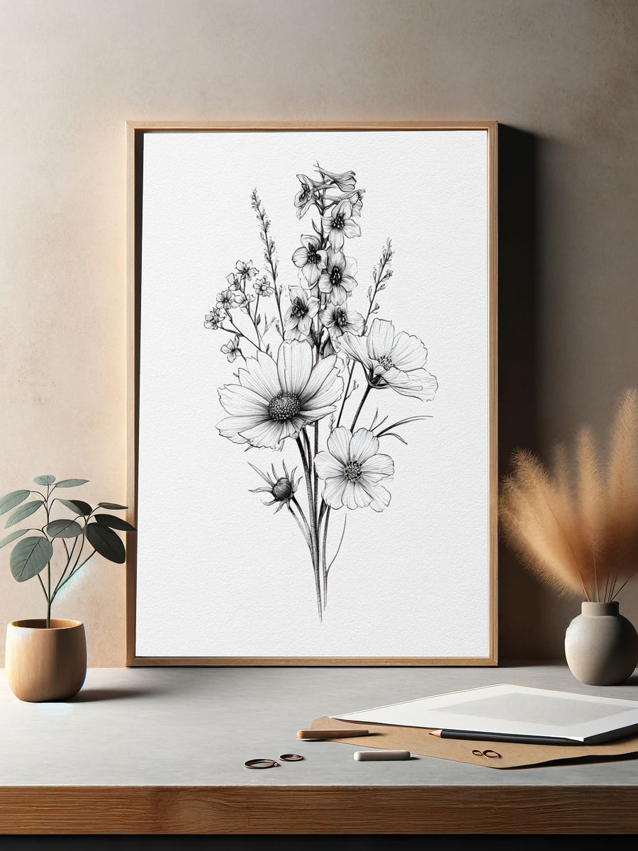 Wildflower Bouquet Line Art Poster. — room view 2