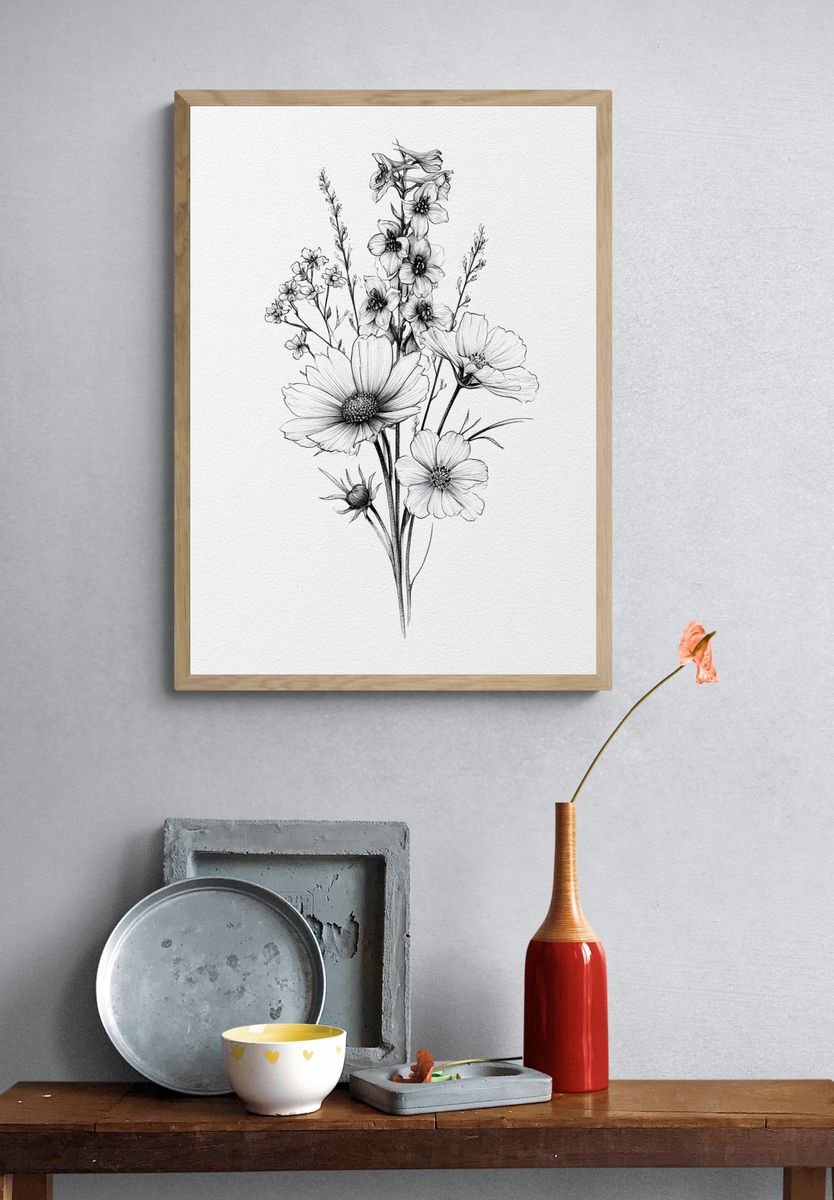 Wildflower Bouquet Line Art Poster. — room view 3