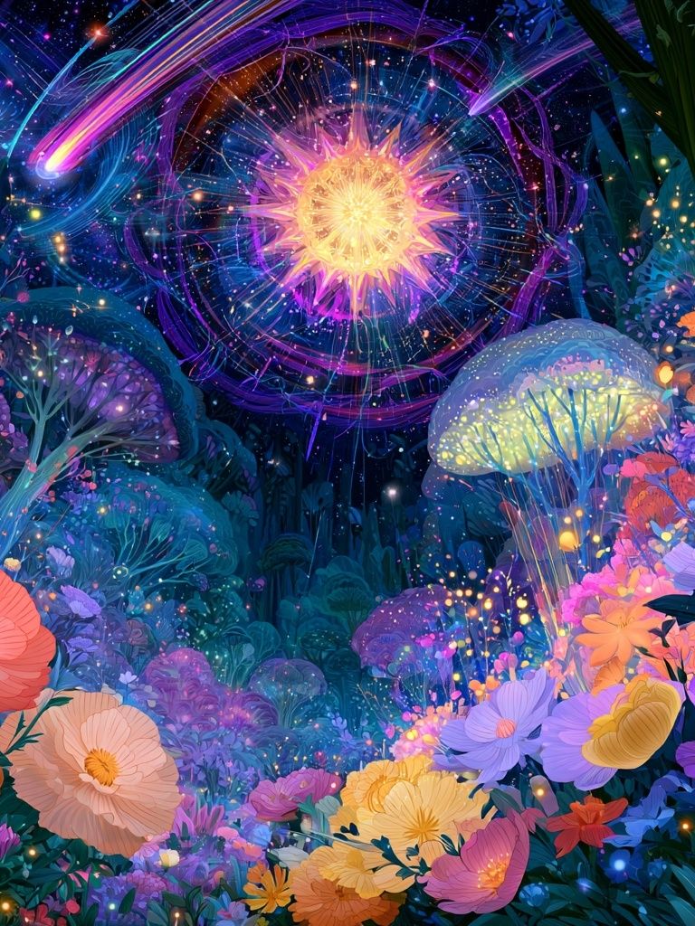 Enchanted Neon Garden Print. poster — botanical art