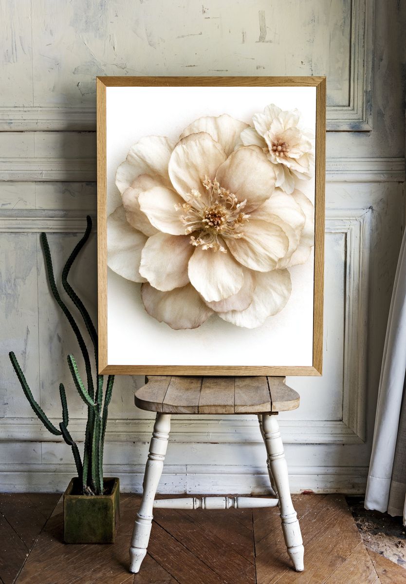 Cream Blossom Botanical Print. room preview